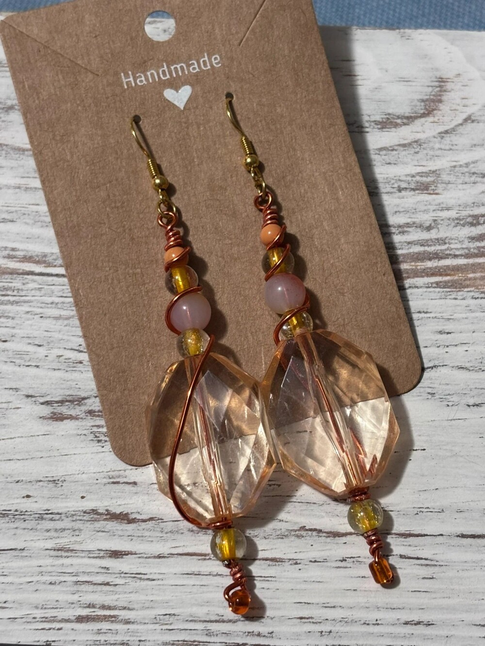Handmade Peach & Amber Wire Wrapped Faceted Crystal Dangle Earrings